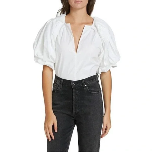 A.L.C. White Cara Puff Sleeve Split V neck Popover Cotton Blouse Size 6 - Picture 2 of 9
